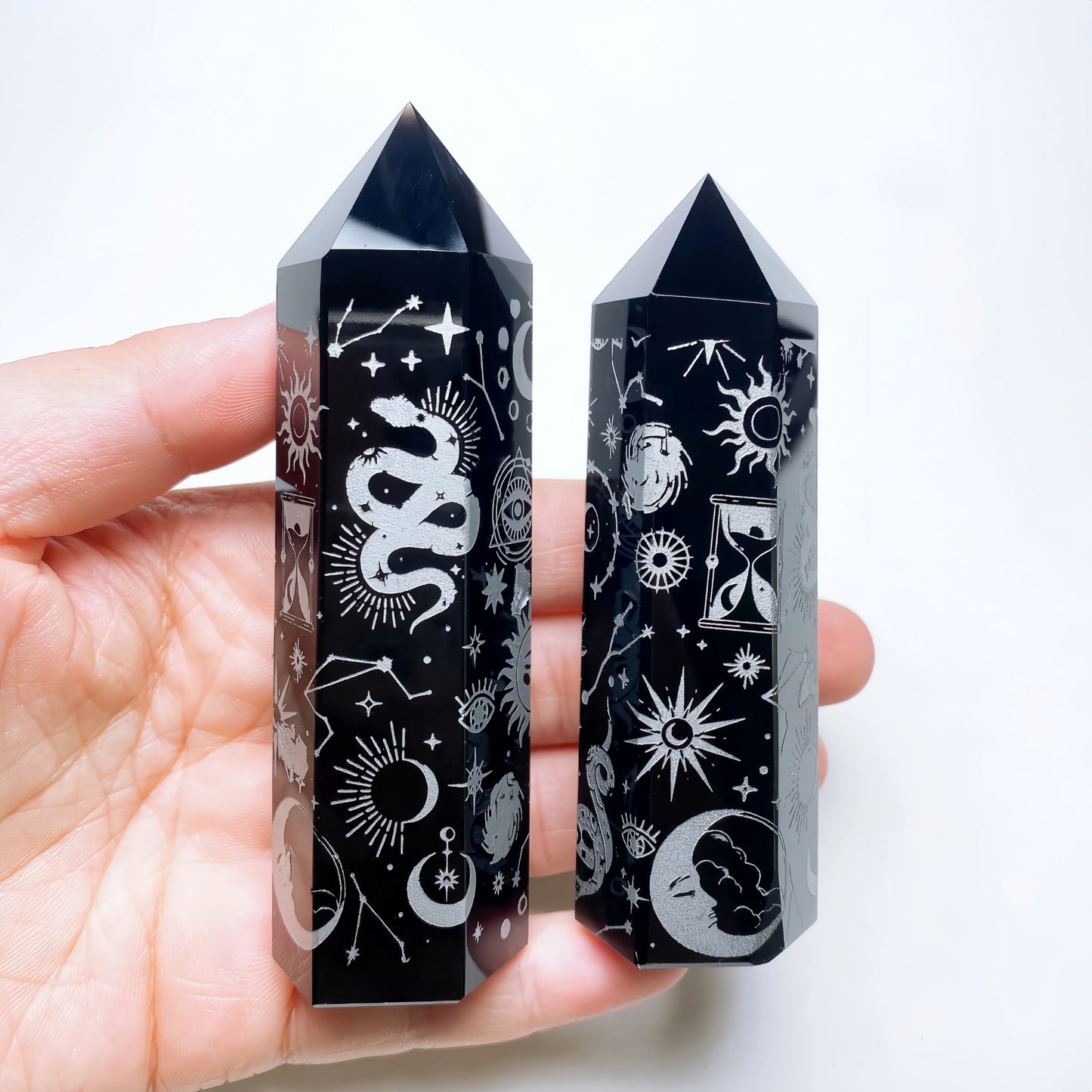 8-10cm Natural Black Obsidian Column Tower Crystal Stone Chakra Moon Snake Symbols Point Healing Obelisk Sticks Home Decor Gift