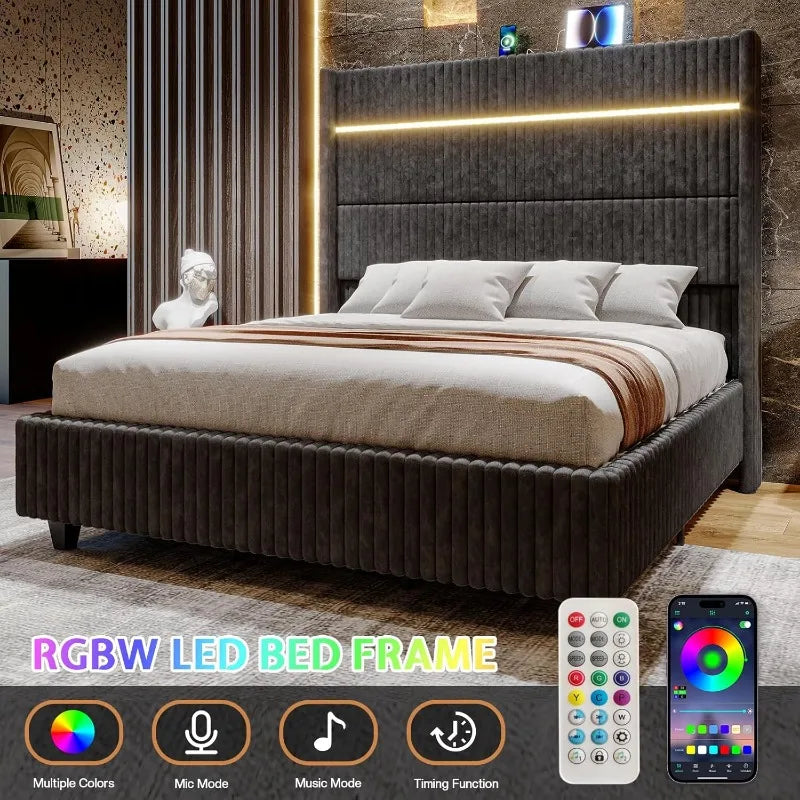 Queen Bed Frame with LED Lights, Corduroy Upholstered Platform Bed Frame with 60" Tall Wingback Headboard and Charging Station