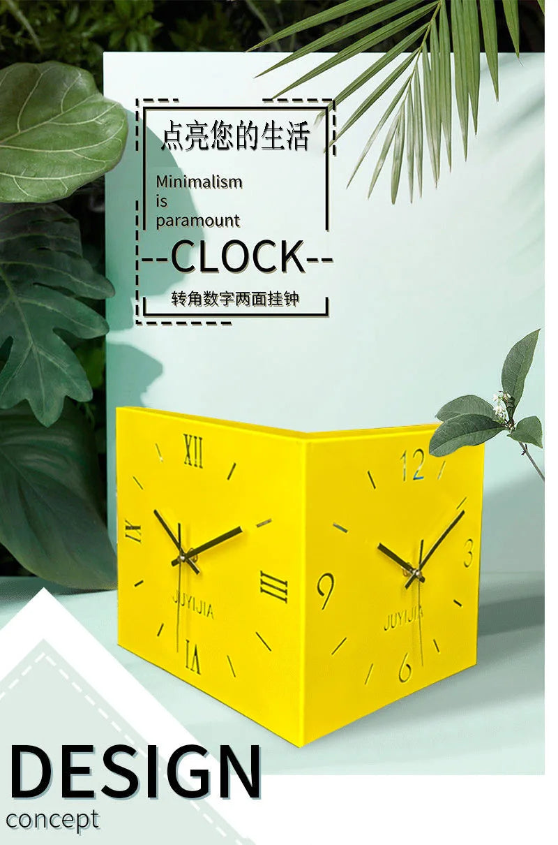 Living Room Glow Corner Clock Metal Double-sided Wall Hanging Clock Wall Decoration Bedroom Background Wall Sticker Silent Clock