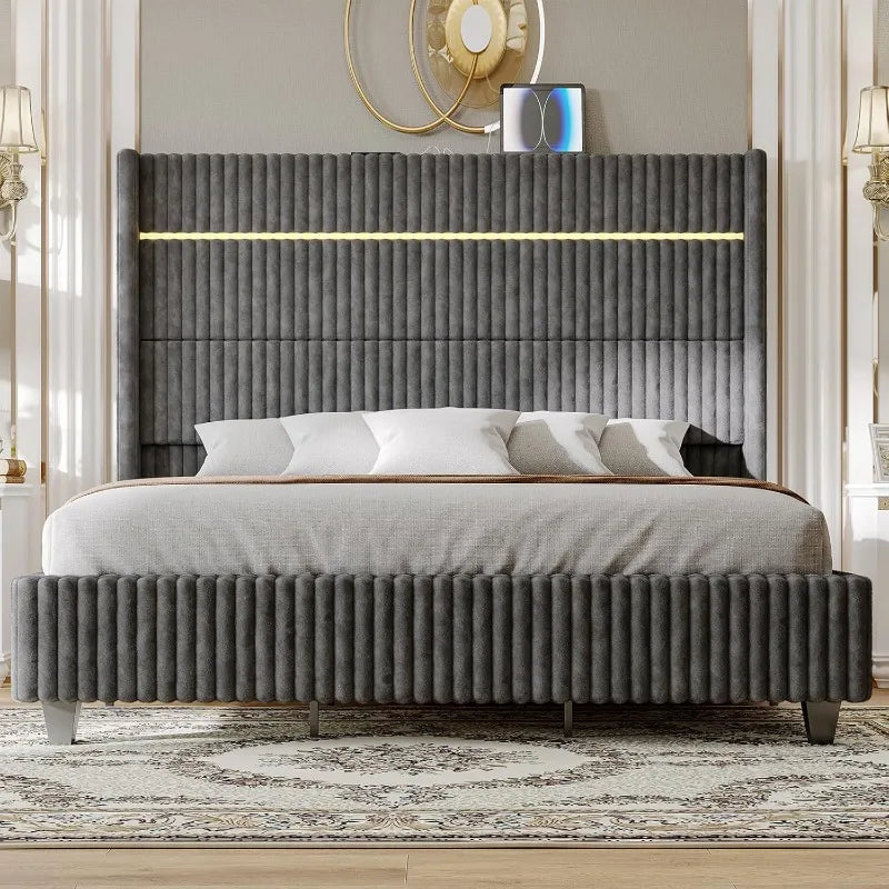 Queen Bed Frame with LED Lights, Corduroy Upholstered Platform Bed Frame with 60" Tall Wingback Headboard and Charging Station