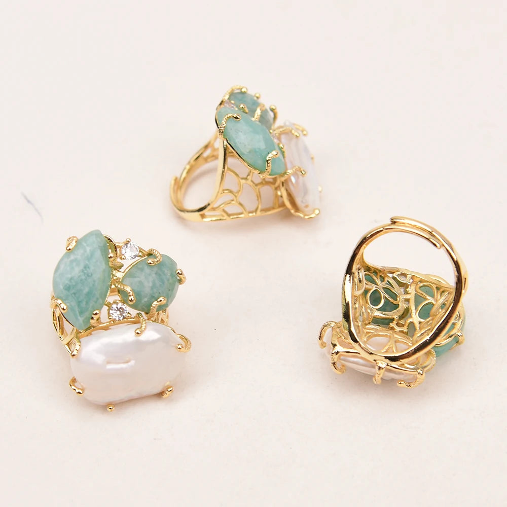 GG Natural White Keshi Pearl Green Amazonite Stone Gold Color Plated Rings Adjustable Ring For Lady