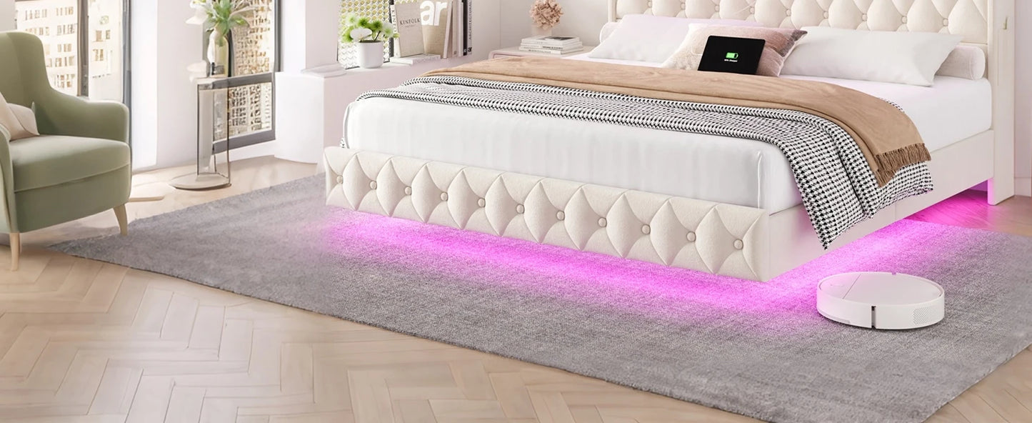 Floating Bed Frame Queen Size Platform with LED Lights, USB Charging Station Headboard Modern Upholstered Velvet Fabric Bed