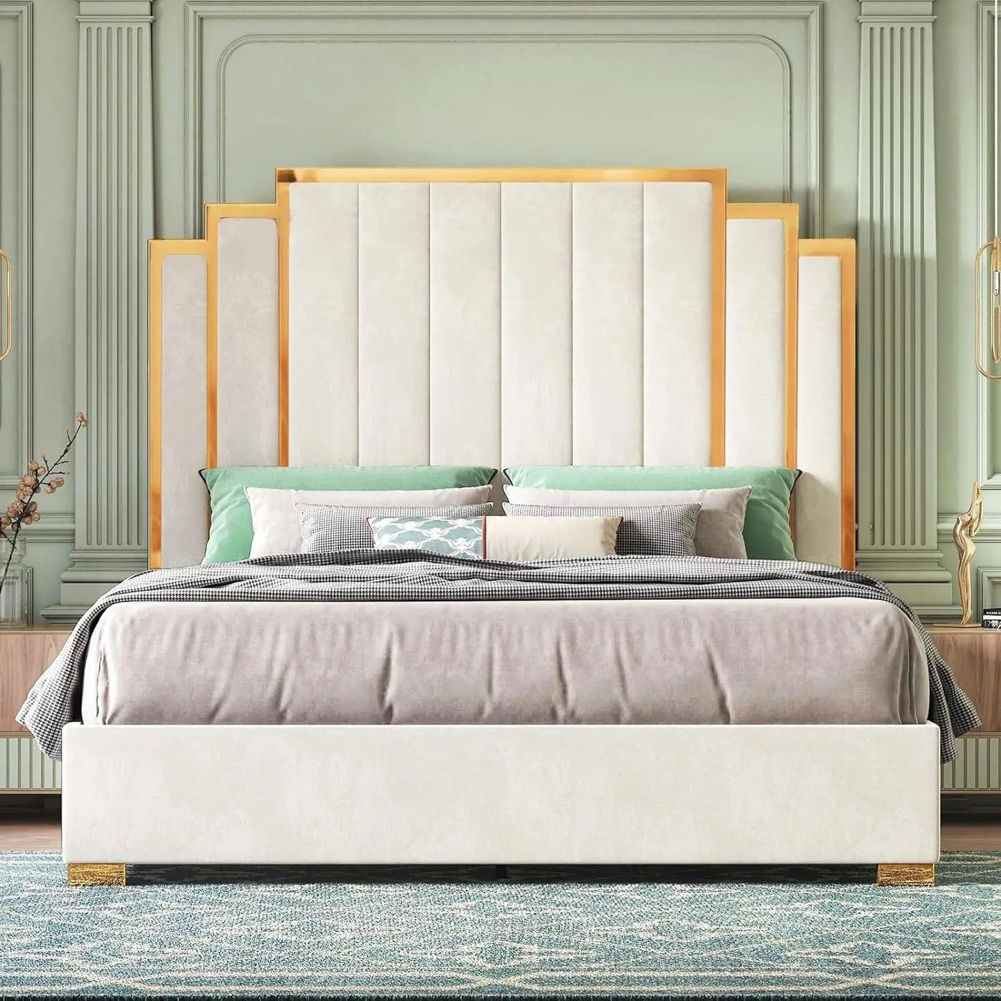 Bed Frame and 61" Headboard, Upholstered Bed with Golden Plating Trim, Modern Platform Bed No Box Spring Needed