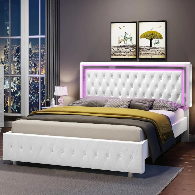 Full Bed Frame with LED Lights Headboard&Footboard, Velvet Upholstered Full Size Platform Bed Frame No Box Spring Needed/Cream