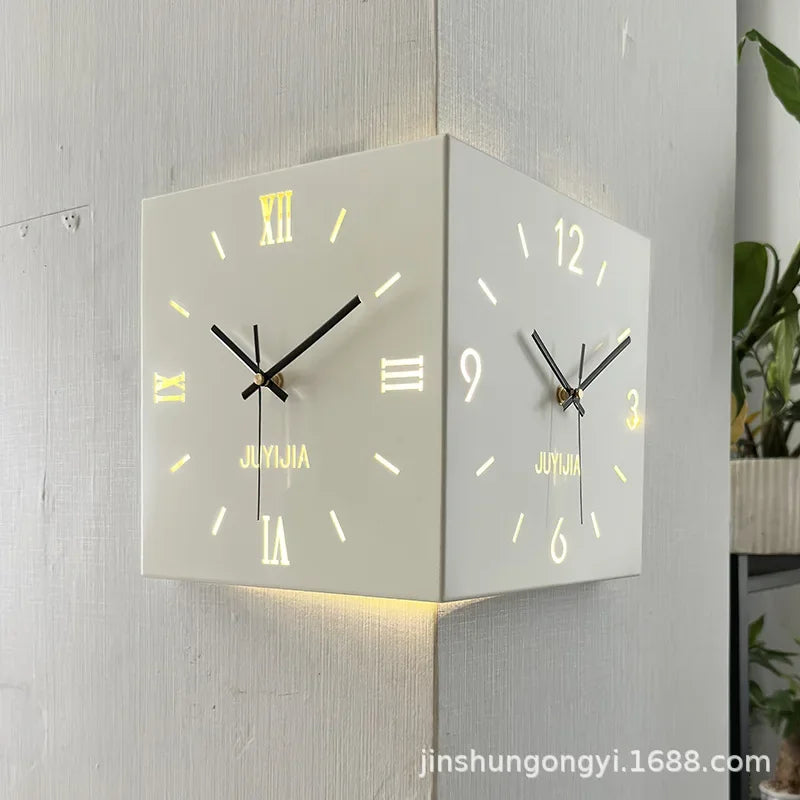 Living Room Glow Corner Clock Metal Double-sided Wall Hanging Clock Wall Decoration Bedroom Background Wall Sticker Silent Clock