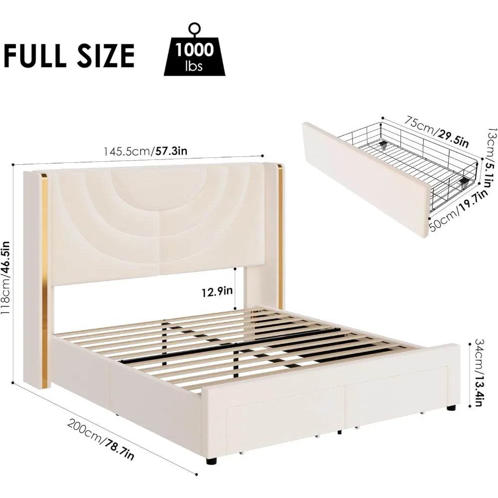 Full Upholstered LED Bed Frame with 2 Storage Drawers, Velvet Platform Bed with Wingback Headboard, Solid Wooden Slats Support