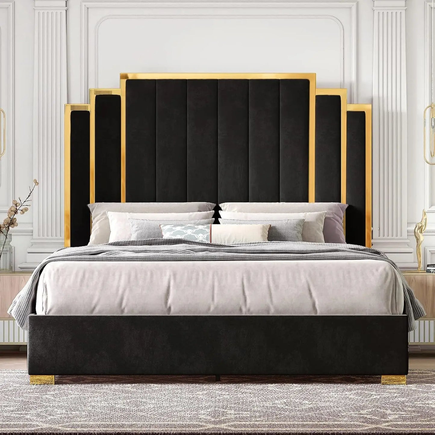 Bed Frame and 61" Headboard, Upholstered Bed with Golden Plating Trim, Modern Platform Bed No Box Spring Needed