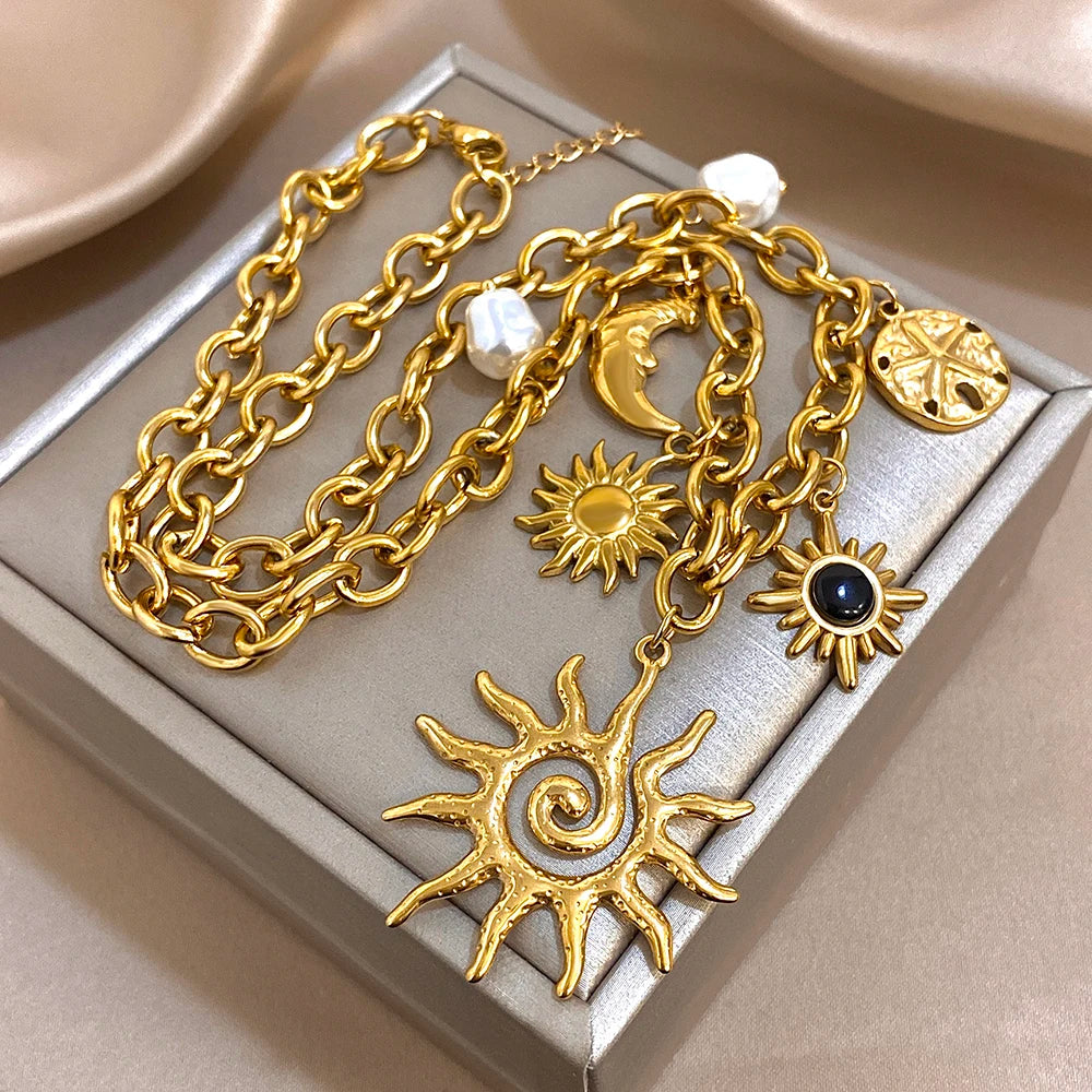 Vintage Chunky Chic Starfish Moon Sun Shaped Pendant Stainless Steel Charm Necklace Statement Golden Thick Chain Fashion Jewlery