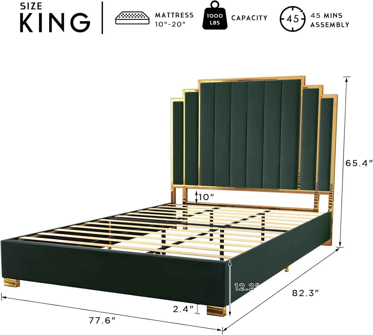 Bed Frame and 61" Headboard, Upholstered Bed with Golden Plating Trim, Modern Platform Bed No Box Spring Needed