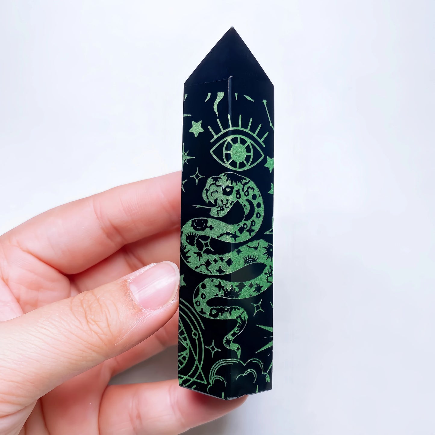 8-10cm Natural Black Obsidian Column Tower Crystal Stone Chakra Moon Snake Symbols Point Healing Obelisk Sticks Home Decor Gift