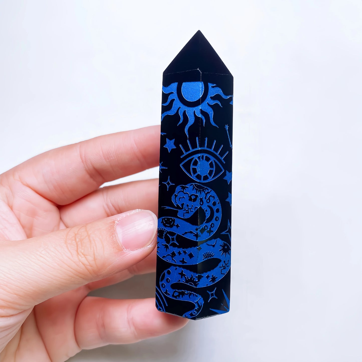 8-10cm Natural Black Obsidian Column Tower Crystal Stone Chakra Moon Snake Symbols Point Healing Obelisk Sticks Home Decor Gift