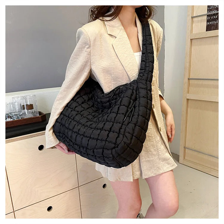 Casual Ruched Hobos Women Shoulder Bags Quilted Padded Crossbody Bag Large Capacity Nylon Puffer Tote Bag Big Shopper Purses