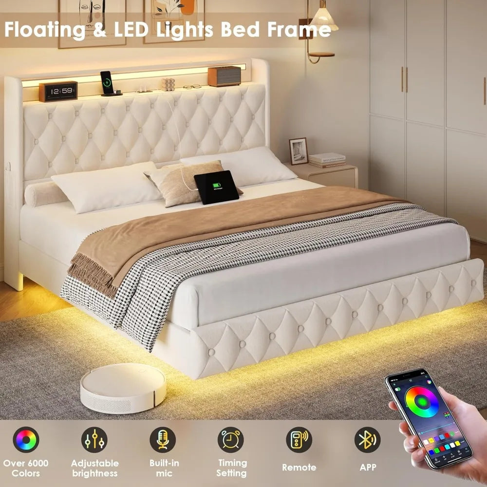 Floating Bed Frame Queen Size Platform with LED Lights, USB Charging Station Headboard Modern Upholstered Velvet Fabric Bed