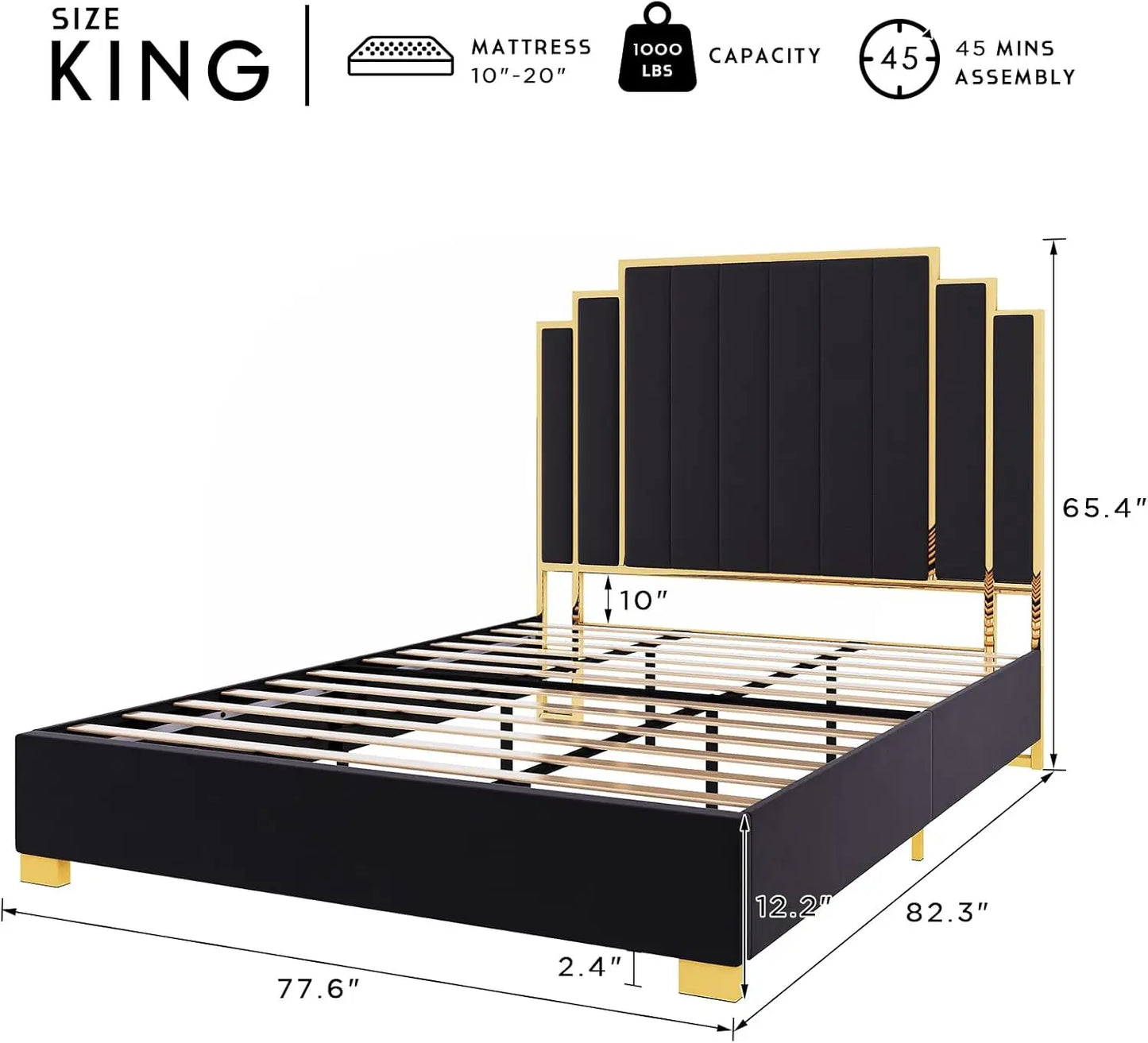 Bed Frame and 61" Headboard, Upholstered Bed with Golden Plating Trim, Modern Platform Bed No Box Spring Needed