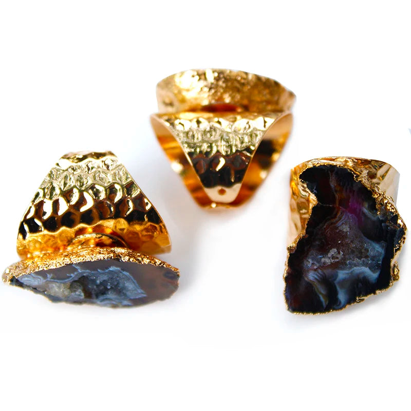 Irregular Raw Agate Slices Ring Geode Stone Adjustable Gold Plated Open Wide Gemstone Finger Handmade Jewelry