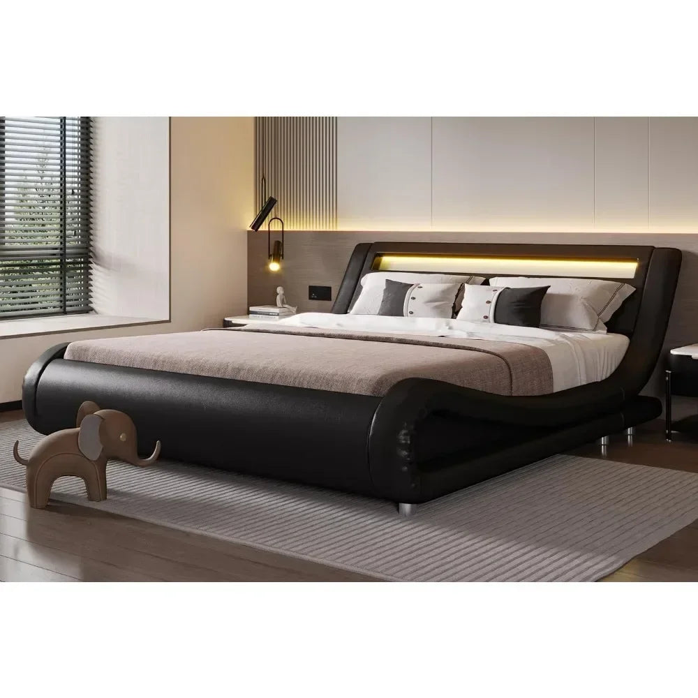 Bedroom bed LED extra large luxury padded bed frame with adjustable headboard - slim sled design, modern gray bedroom bed