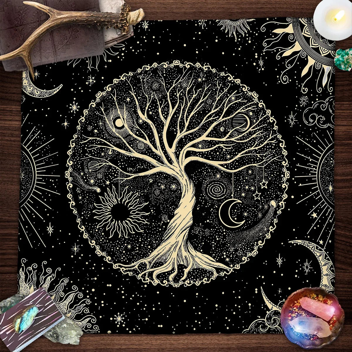 Tree Of Life Tarot Card Tablecloth Moon Phase Plants Table Cloth For Tarot Witch Wicca Altar Cloth Divination Cloth Card Pad