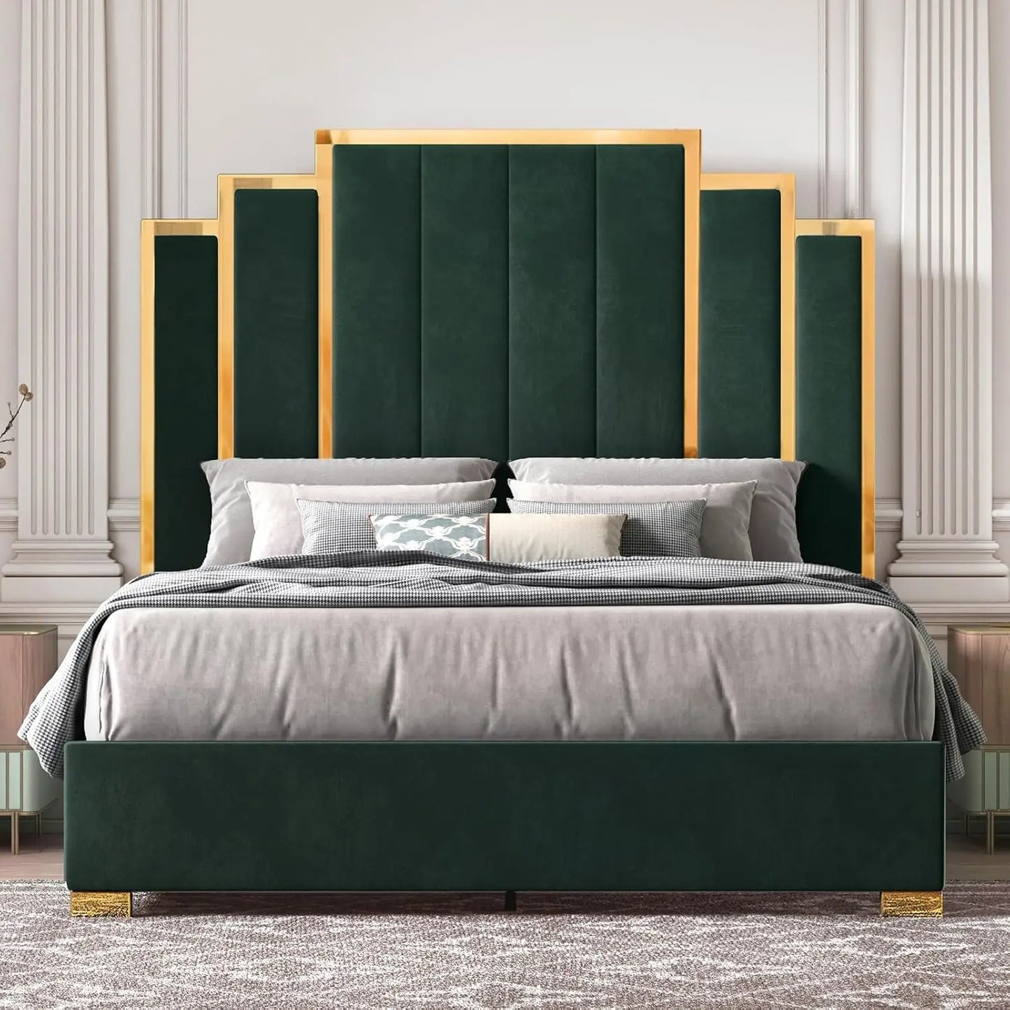 Bed Frame and 61" Headboard, Upholstered Bed with Golden Plating Trim, Modern Platform Bed No Box Spring Needed