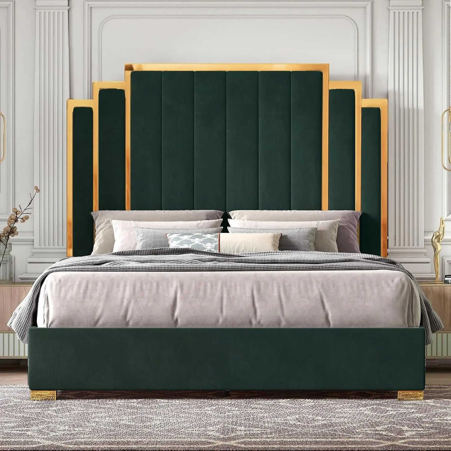 Bed Frame and 61" Headboard, Upholstered Bed with Golden Plating Trim, Modern Platform Bed No Box Spring Needed