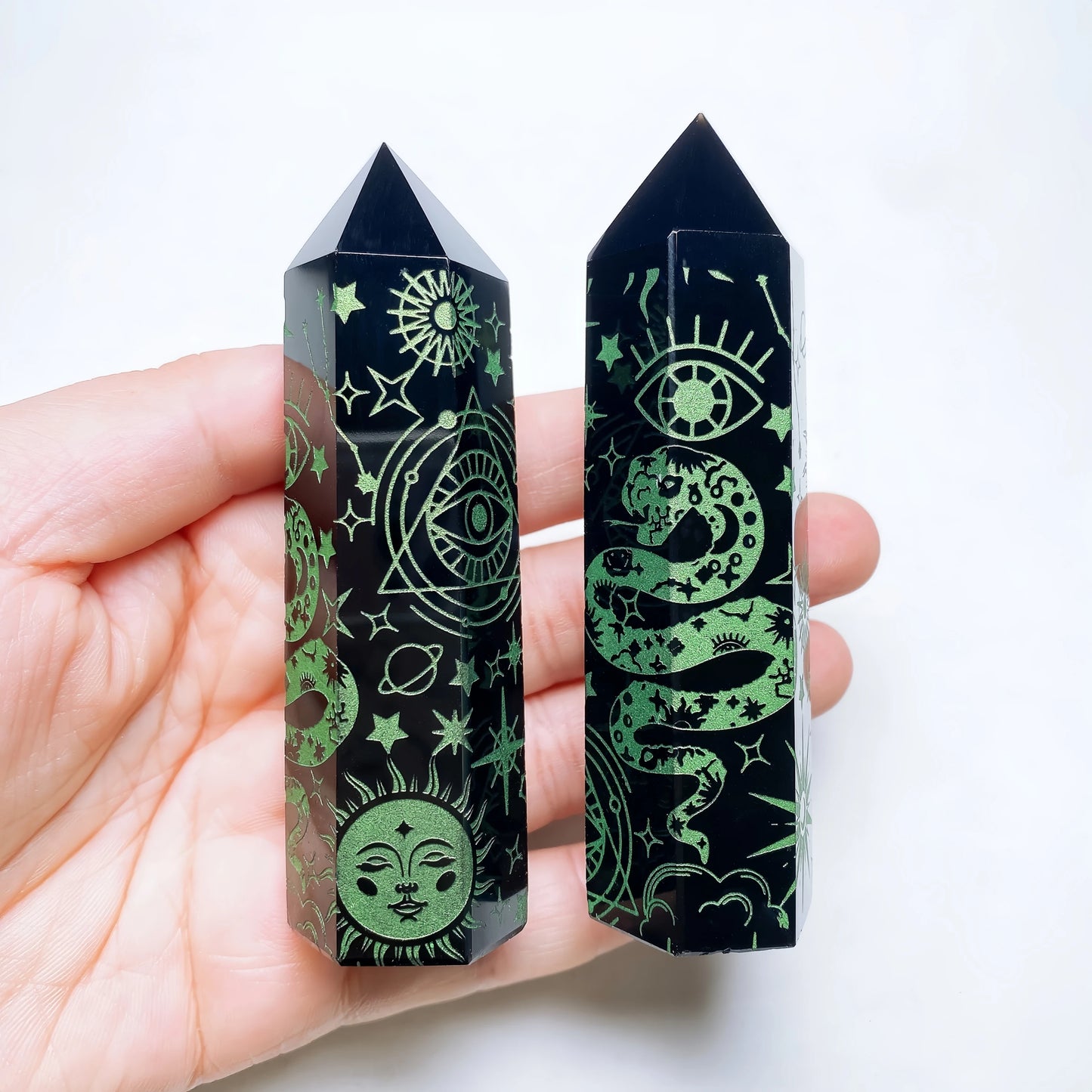 8-10cm Natural Black Obsidian Column Tower Crystal Stone Chakra Moon Snake Symbols Point Healing Obelisk Sticks Home Decor Gift