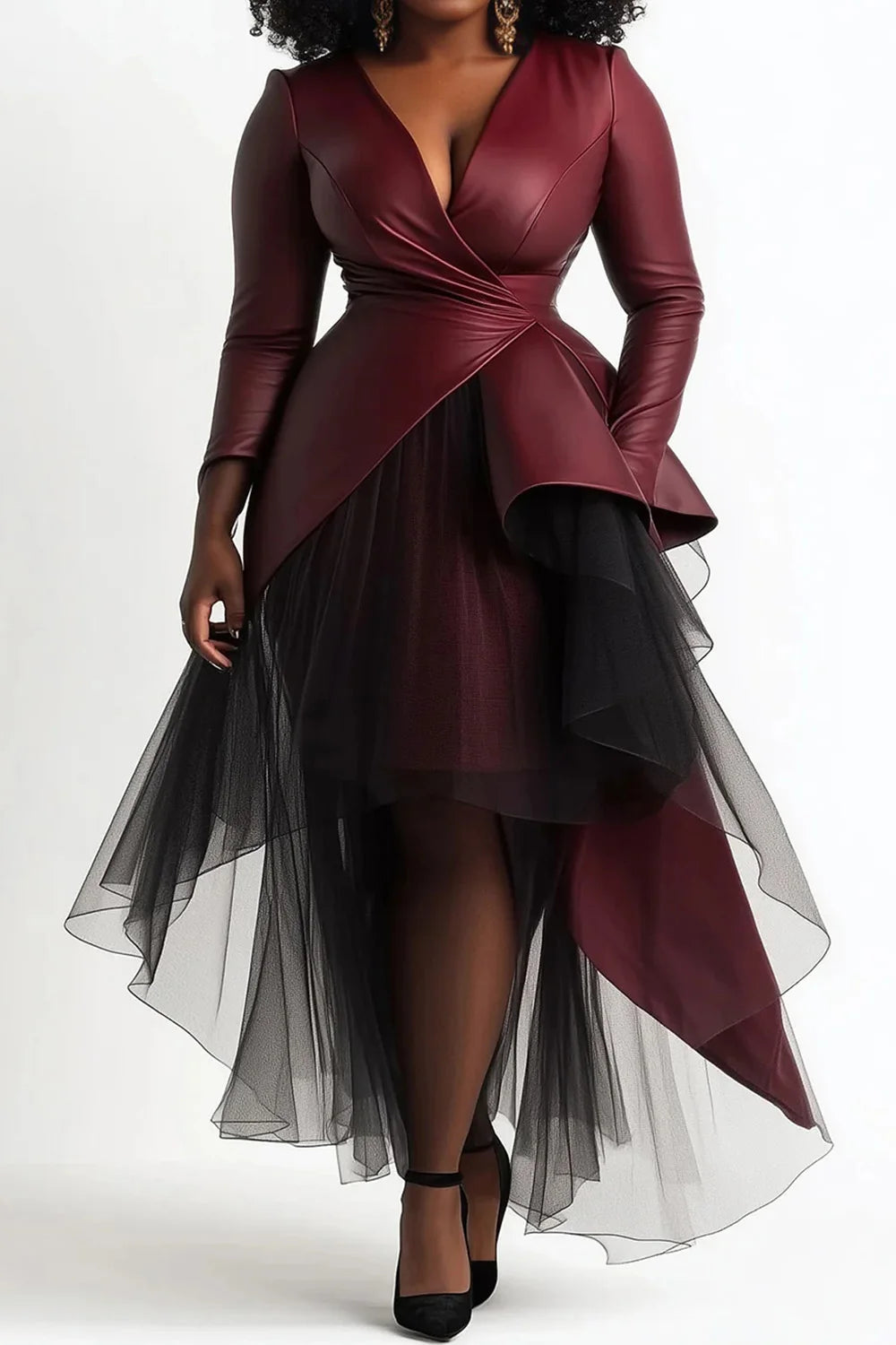 Plus Size Cocktail Party Burgundy Wrap Neck Long Sleeve Asymmetric Hem Contrast Tulle PU Leather Midi Dresses