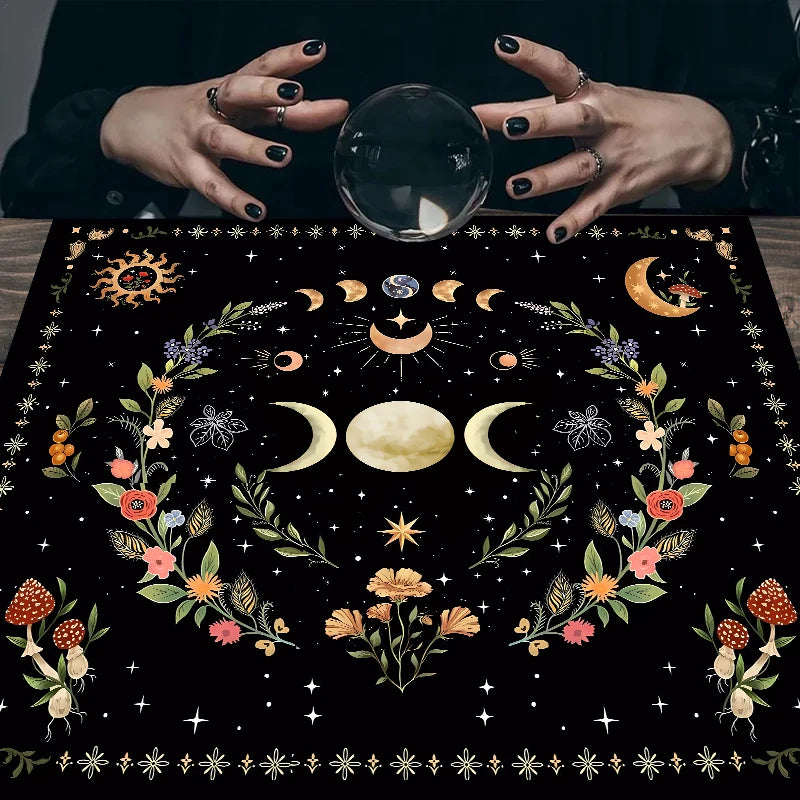 Triple Moon Floral Botanical Tarot Cloth Alter Tarot Table Cloth Wiccan Spread Top Cloth Spiritual Witchery Table for Divination