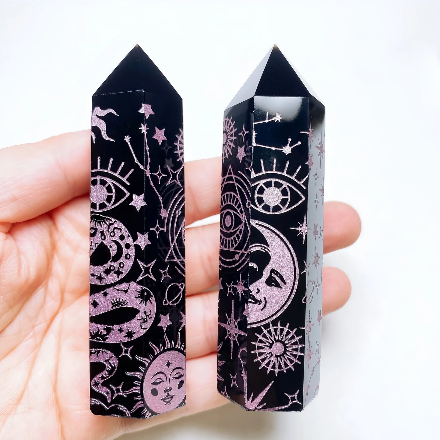 8-10cm Natural Black Obsidian Column Tower Crystal Stone Chakra Moon Snake Symbols Point Healing Obelisk Sticks Home Decor Gift