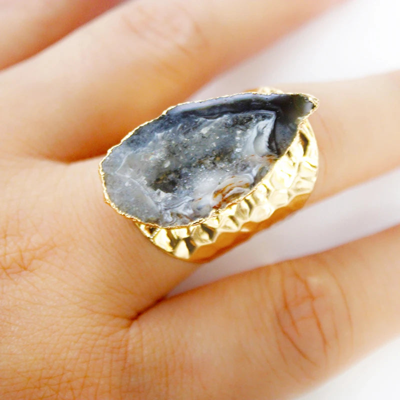 Irregular Raw Agate Slices Ring Geode Stone Adjustable Gold Plated Open Wide Gemstone Finger Handmade Jewelry