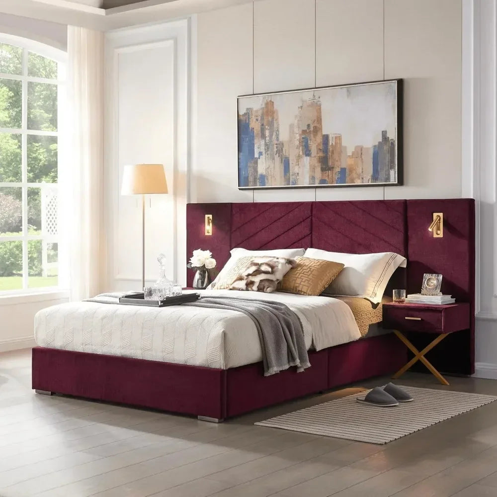 Luxury Bed Frame with Built-in Gold LED Lights and Nightstands,Platform Bed with Oversize Upholstered Headboard for bedrooms