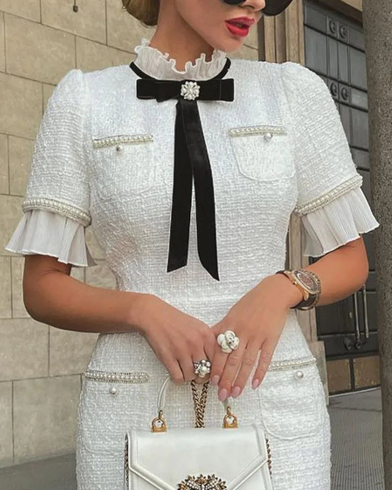 Elegant Womens dresses New Slim Round Neck Short Sleeves Bow Ruffle Hem Beaded Formal Fragrant Breeze White Dress vestidos