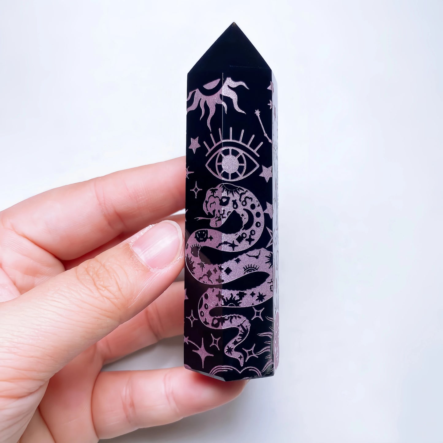 8-10cm Natural Black Obsidian Column Tower Crystal Stone Chakra Moon Snake Symbols Point Healing Obelisk Sticks Home Decor Gift