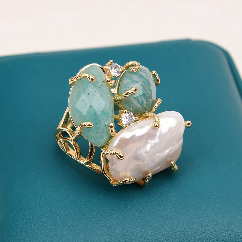 GG Natural White Keshi Pearl Green Amazonite Stone Gold Color Plated Rings Adjustable Ring For Lady