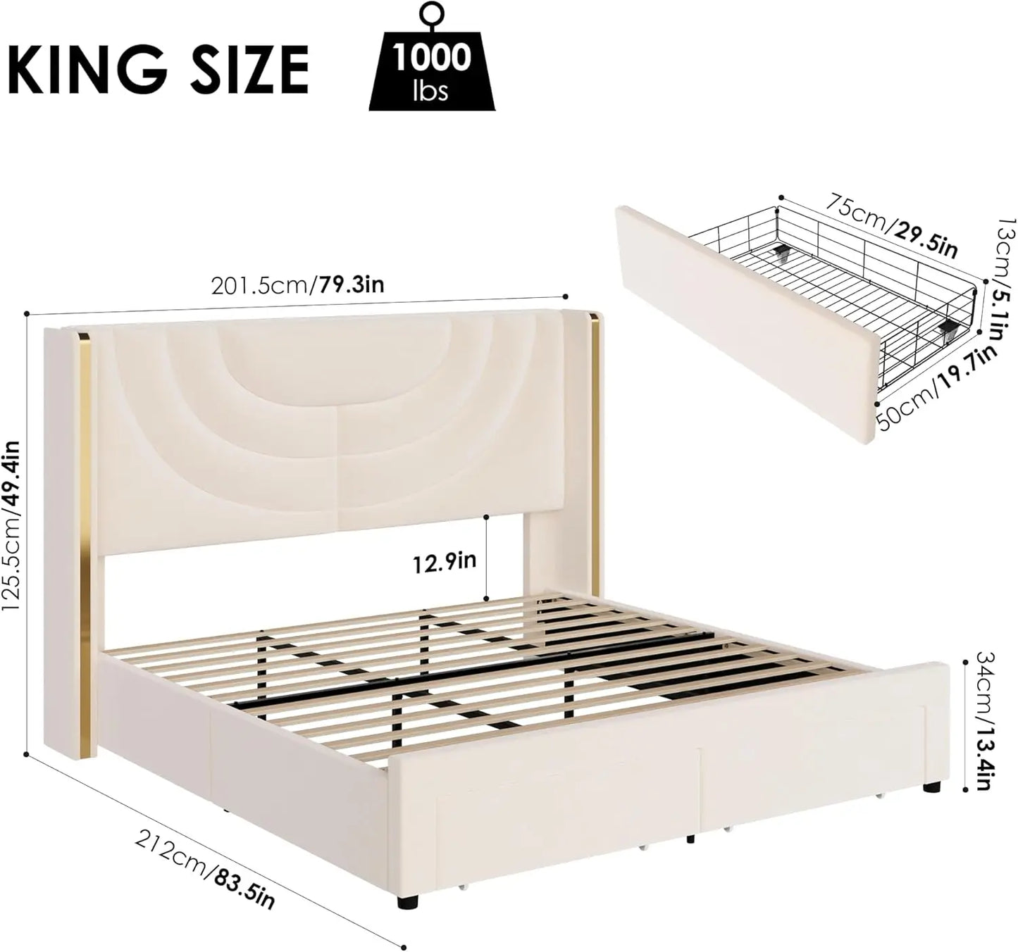 Full Upholstered LED Bed Frame with 2 Storage Drawers, Velvet Platform Bed with Wingback Headboard, Solid Wooden Slats Support