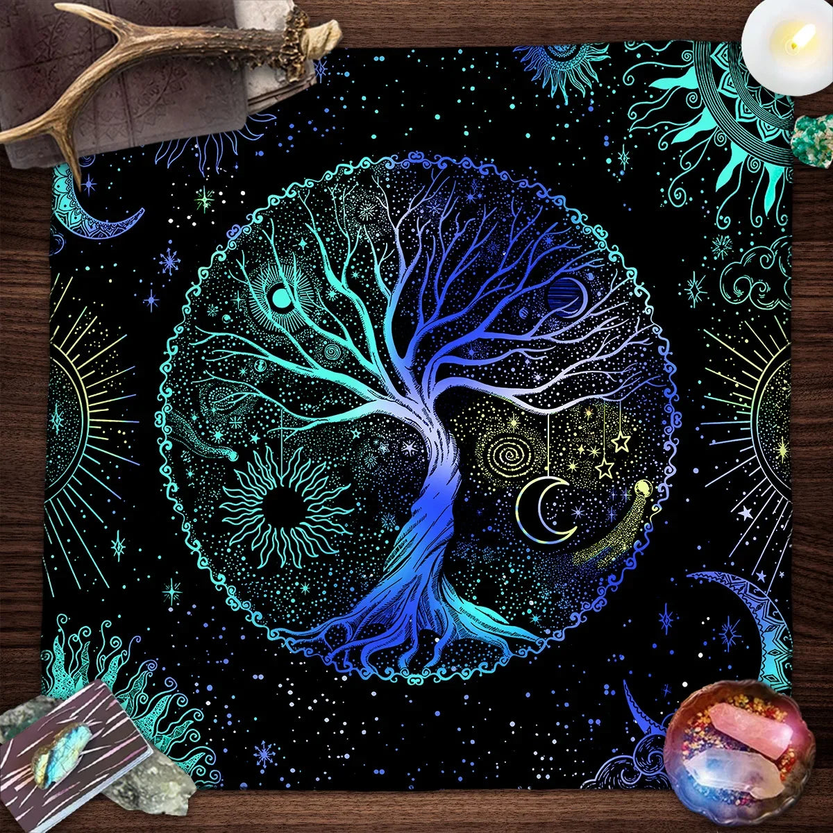 Tree Of Life Tarot Card Tablecloth Moon Phase Plants Table Cloth For Tarot Witch Wicca Altar Cloth Divination Cloth Card Pad