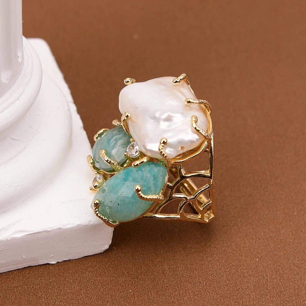 GG Natural White Keshi Pearl Green Amazonite Stone Gold Color Plated Rings Adjustable Ring For Lady