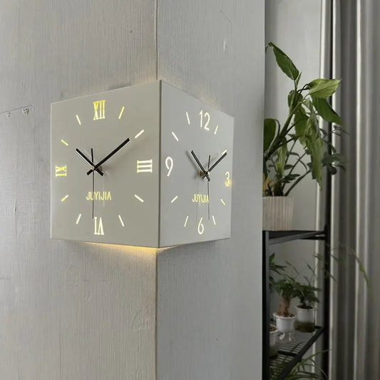 Living Room Glow Corner Clock Metal Double-sided Wall Hanging Clock Wall Decoration Bedroom Background Wall Sticker Silent Clock