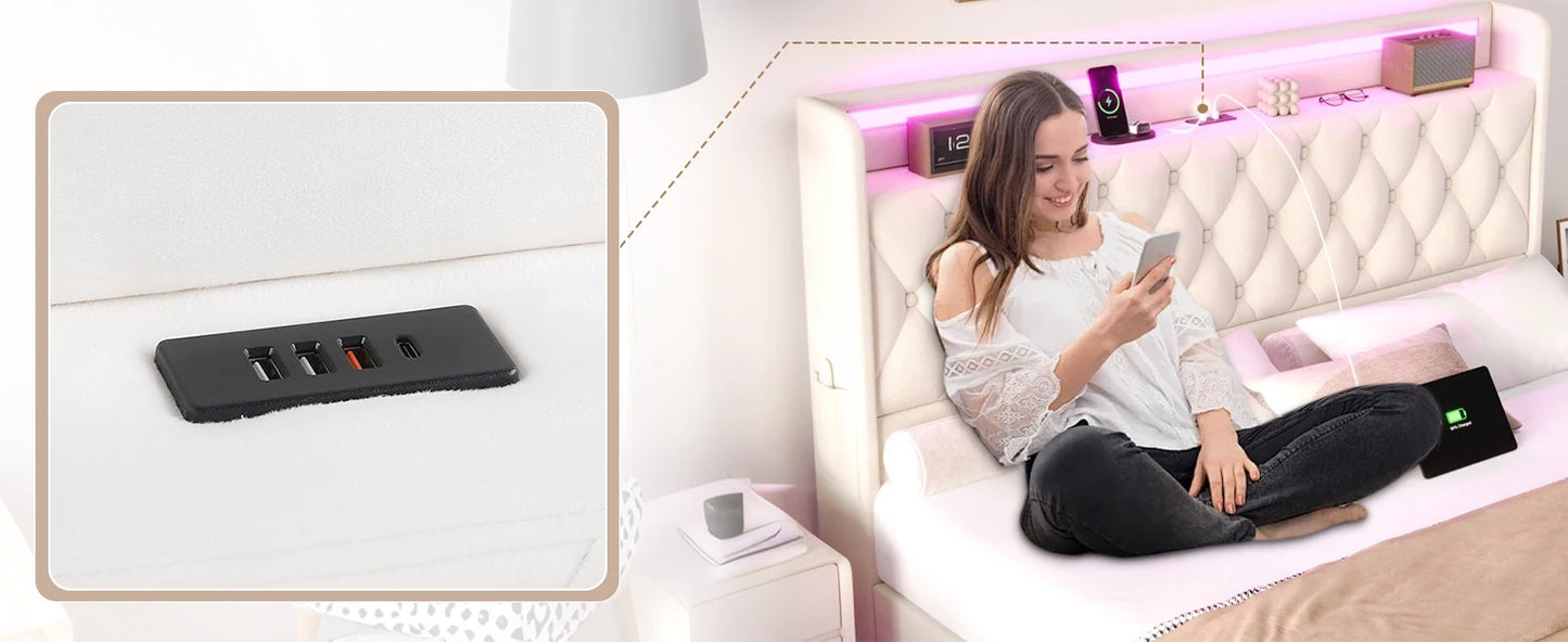 Floating Bed Frame Queen Size Platform with LED Lights, USB Charging Station Headboard Modern Upholstered Velvet Fabric Bed