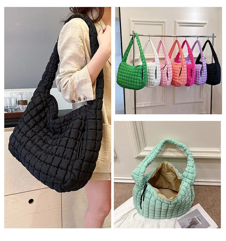 Casual Ruched Hobos Women Shoulder Bags Quilted Padded Crossbody Bag Large Capacity Nylon Puffer Tote Bag Big Shopper Purses