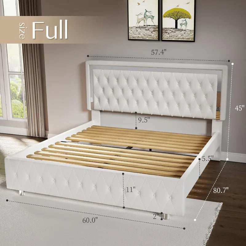 Full Bed Frame with LED Lights Headboard&Footboard, Velvet Upholstered Full Size Platform Bed Frame No Box Spring Needed/Cream