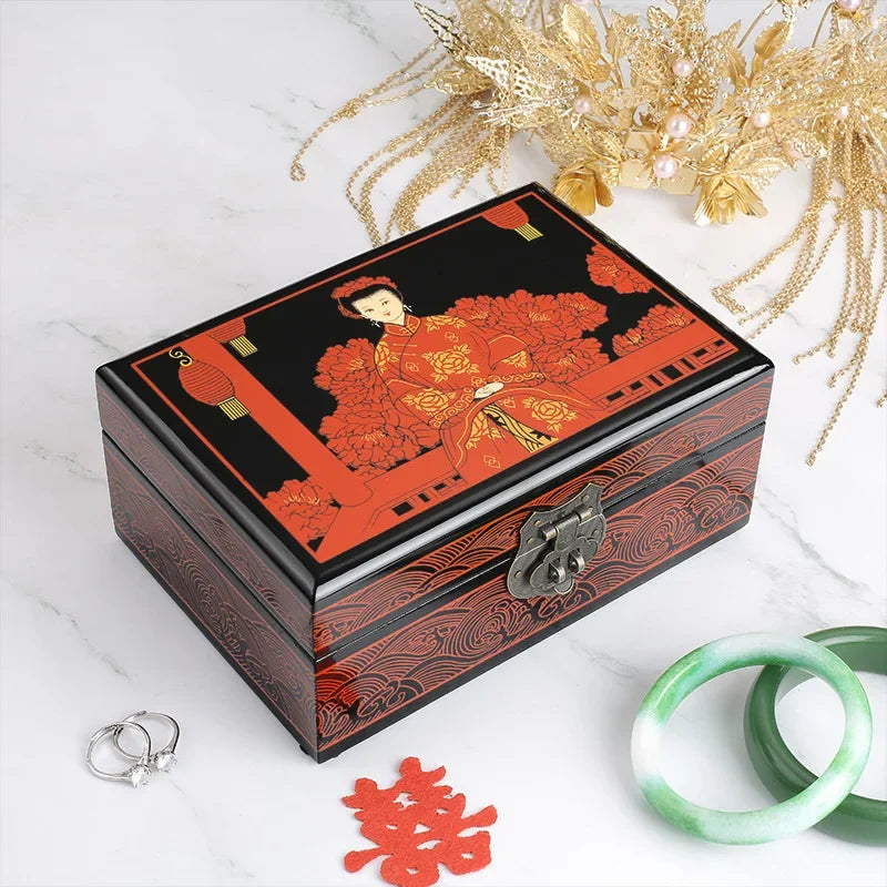 Muy Bien Chinese Style Wooden Jewelry Box Organizer Antiquity Push-gloss Lacquerware Makeup Jewelry Storage Case Wedding Gift