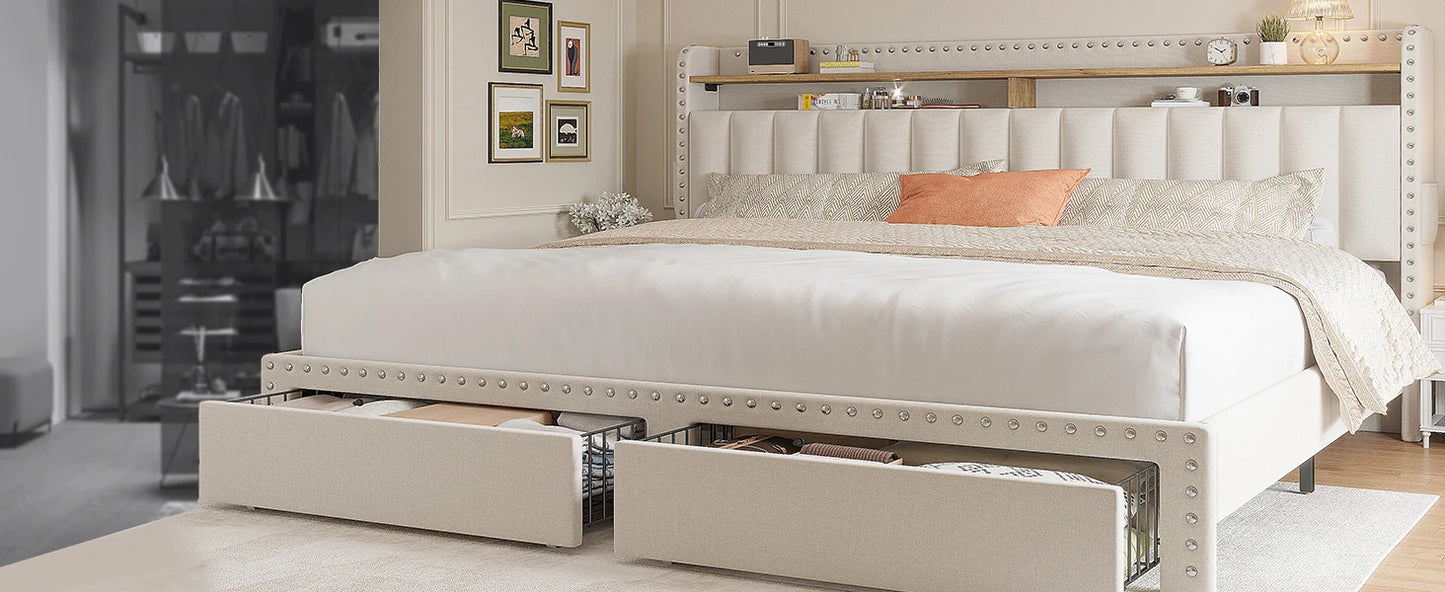 EnHomee Size and Headboard,Upholstered Storage,King Bed Frame with 2 Drawers,Kin