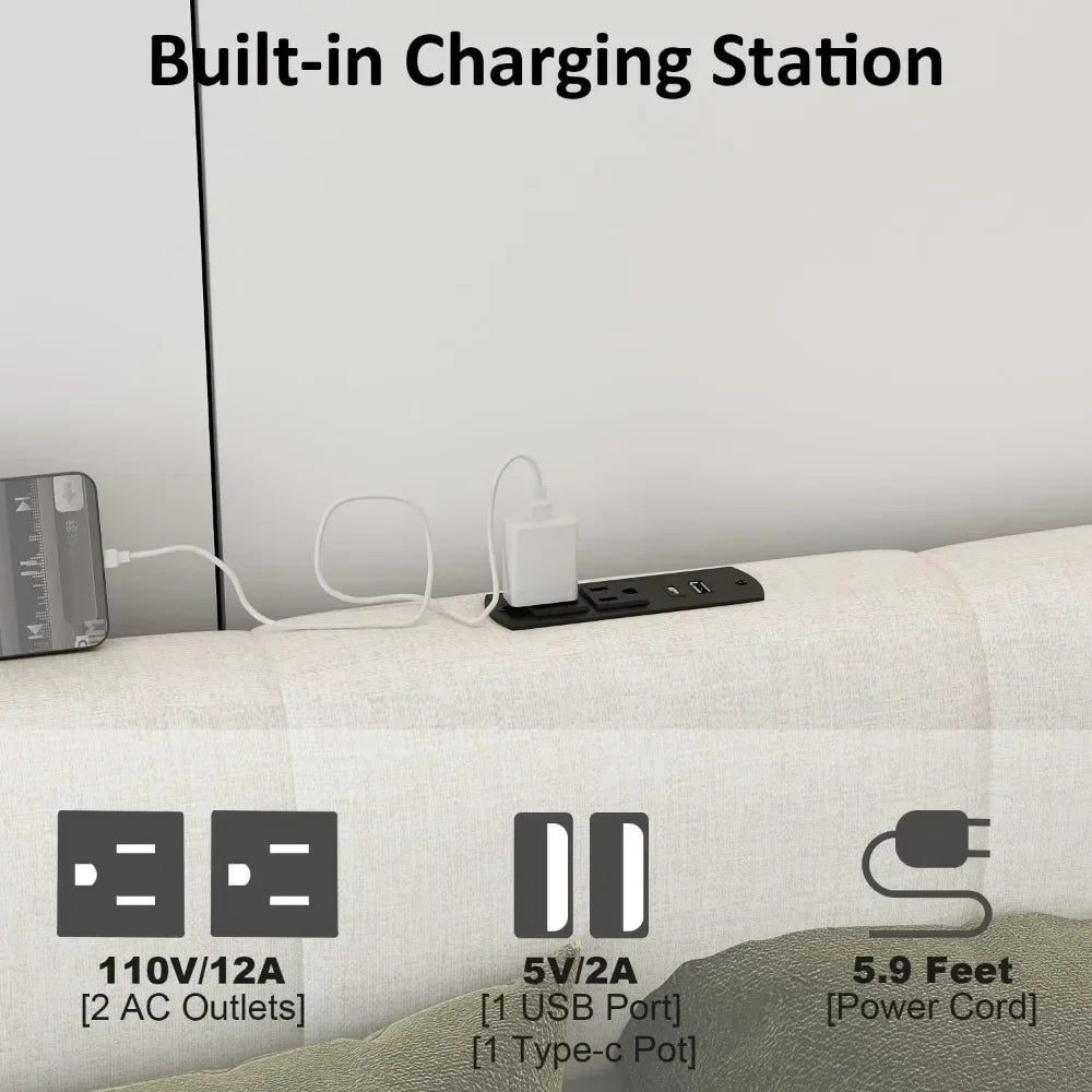 Queen Bed Frame with LED Lights & Linen Tufted Headboard & Charging Station, Strong Wooden Slats, No Box Spring Needed，Bed Frame