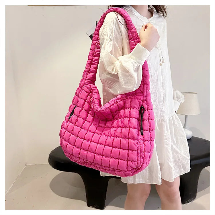 Casual Ruched Hobos Women Shoulder Bags Quilted Padded Crossbody Bag Large Capacity Nylon Puffer Tote Bag Big Shopper Purses