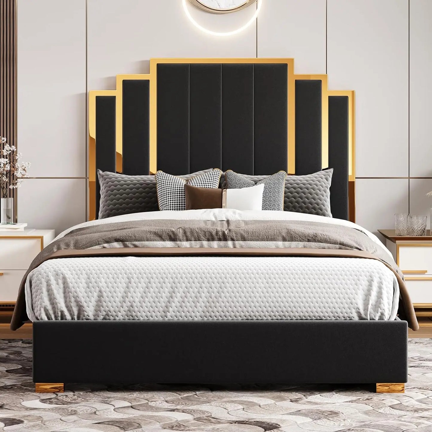 Bed Frame and 61" Headboard, Upholstered Bed with Golden Plating Trim, Modern Platform Bed No Box Spring Needed