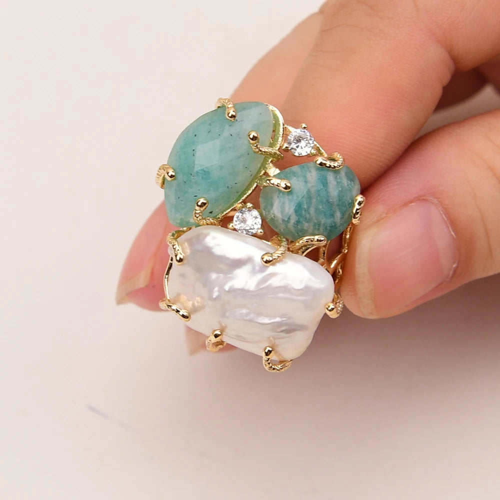 GG Natural White Keshi Pearl Green Amazonite Stone Gold Color Plated Rings Adjustable Ring For Lady