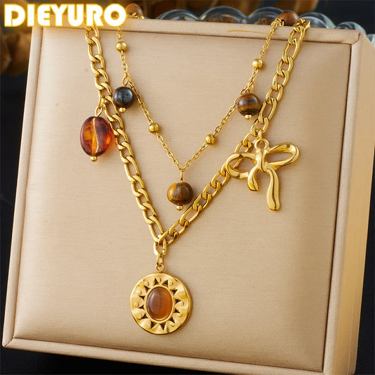 DIEYURO 316L Stainless Steel Maillard Brown Round Bowknot Pendant Doublelayer Necklace Women New Fashion Neck Chain Jewelry Gift