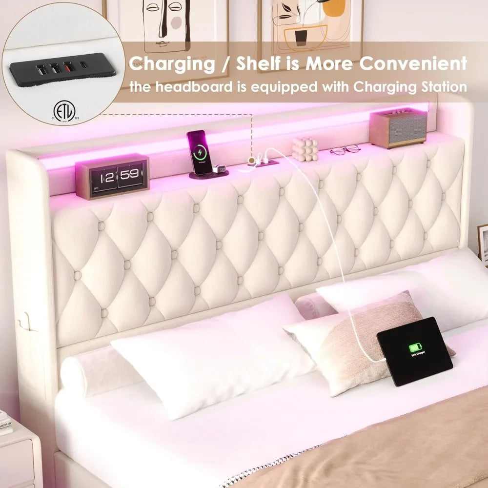 Floating Bed Frame Queen Size Platform with LED Lights, USB Charging Station Headboard Modern Upholstered Velvet Fabric Bed