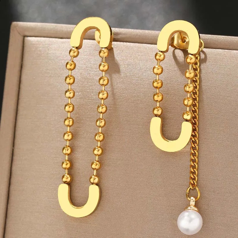 Stainless Steel Gold Color Pin Pendant Earrings For Women Fashion Design Long Tassel Chain Pearl Hanging Earrings Jewelry Gift