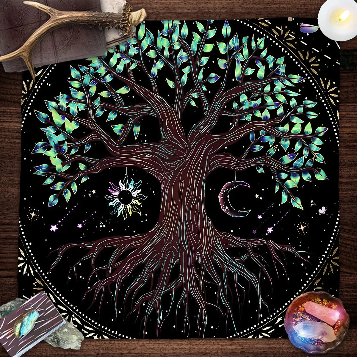 Tree Of Life Tarot Card Tablecloth Moon Phase Plants Table Cloth For Tarot Witch Wicca Altar Cloth Divination Cloth Card Pad