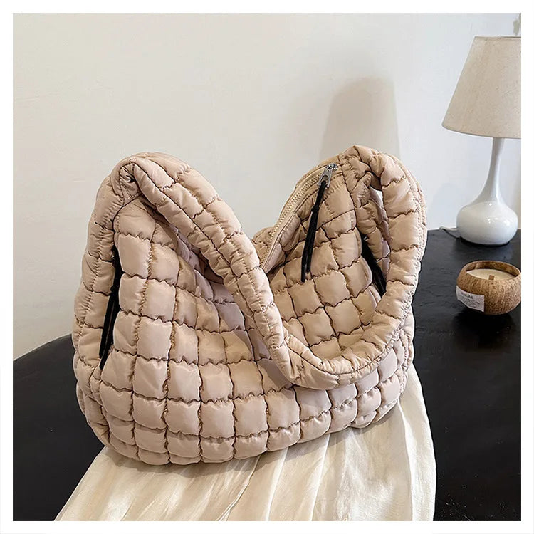 Casual Ruched Hobos Women Shoulder Bags Quilted Padded Crossbody Bag Large Capacity Nylon Puffer Tote Bag Big Shopper Purses